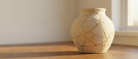 Ceramic vase with geometric gold lines on wooden table in modern minimalist interior with natural sunlight for home decor and design projects.