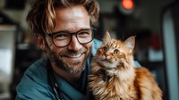 Smiling bearded man in glasses holding ginger Maine Coon cat. Close up portrait showing bond between pet owner and feline companion in casual home setting.