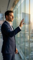 Professional businessman in navy suit touching futuristic holographic value display in modern office with glass windows during golden hour lighting.