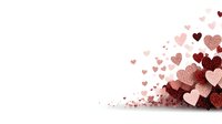Pink and burgundy glitter hearts scattered on white background, creating romantic corner composition with sparkle effect and gradient fade for valentines designs.