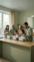 Multi-generational family sorting recyclable waste into labeled containers in bright kitchen, teaching children environmental responsibility and sustainable living practices.