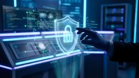 Cybersecurity expert working on digital security system with glowing shield lock icon and data protection interface in modern tech environment.
