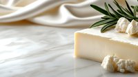 Fresh brie cheese piece with rosemary sprig and crumbled feta on white silk background, soft natural lighting creates elegant mood for gourmet food photography.