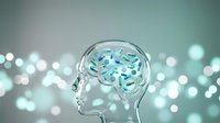 Transparent glass human head profile with glowing blue brain neural networks against soft bokeh lights background for medical and technology concepts.