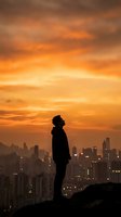 Silhouette of young man standing on mountain peak overlooking city skyline at golden hour sunset with dramatic orange clouds and urban lights below.