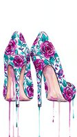 Watercolor floral high heel shoes with purple roses and teal leaves dripping paint effect on white background for fashion design.