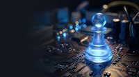Glowing chess pawn piece on computer circuit board representing artificial intelligence, machine learning, strategic thinking and digital technology concepts.