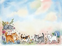 Adorable watercolor kittens playing with yarn balls and flowers on pastel sky background. Cute cats illustration for nursery decor and greeting cards.