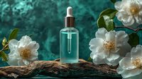 Glass dropper bottle with transparent serum on wooden surface against turquoise background with white camellia flowers, natural cosmetic product photography.