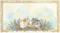 Two adorable mice sharing tea party among wildflowers and ferns in ornate golden frame with watercolor background for greeting cards and nursery decor.