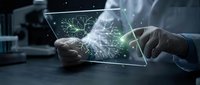 Professional businessman touching futuristic holographic interface with digital network connections and data visualization in modern office environment.