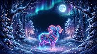 Neon glowing ram standing in snowy winter forest clearing under full moon with aurora borealis lights, mystical fantasy landscape for digital art and gaming projects.