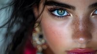 Close-up portrait of young woman with freckles, bright blue eyes, and pink lips against blurred background, showcasing natural beauty.