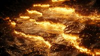 Dramatic waves of molten lava flow with glowing orange streams and dark volcanic rock formations creating abstract patterns of light and heat in natural volcanic activity.