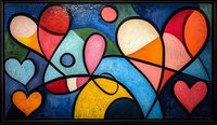 Abstract colorful geometric shapes with hearts on dark blue background featuring curved lines and vibrant colors in modern artistic style with textured paint effect.