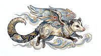 Mythical opossum creature with ornate swirling patterns and decorative elements in gold, blue, and cream tones, isolated on white background for design projects.
