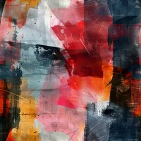 Dynamic abstract art composition featuring bold red, orange, gray and navy blue brushstrokes with textured scratches and paint splatters perfect for modern interior design and creative projects.