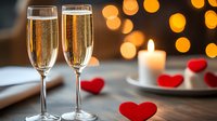 Two champagne flutes filled with sparkling wine on wooden table with romantic candlelight, red heart decorations and blurred golden bokeh lights in background.