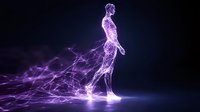 Digital human figure dissolving into purple energy particles and light trails on dark background for futuristic technology concepts.