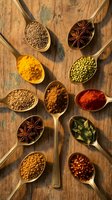 Colorful spices and herbs arranged in wooden spoons on rustic wood background for cooking and culinary seasoning applications.