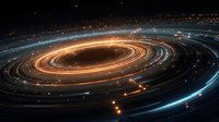 Cosmic spiral galaxy with glowing orange center and blue light trails swirling through dark space, creating a mesmerizing celestial formation.