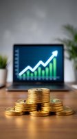 Stacked gold coins on wooden desk with laptop displaying upward trending arrow chart and growth graph for financial success.