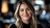 Young professional blonde woman smiling confidently in modern office environment. Business portrait for corporate communications and workplace diversity.