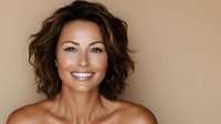 Confident middle-aged Asian woman with wavy brown hair and bright smile against beige background, natural makeup look and bare shoulders for beauty and wellness concept.