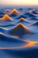 Abstract digital waves in deep blue and glowing orange create dynamic flowing landscape with rippling particle effects and smooth gradients for technology backgrounds.