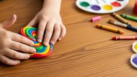 Child hands playing with colorful rainbow fidget toy on wooden table with art supplies and paint palette for stress relief and sensory development.