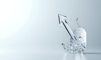 Upward pointing arrow made of glass or crystal emerging from dynamic water splash against light background, symbolizing growth and success in business concept.