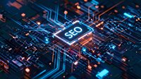 Digital circuit board with glowing SEO chip processor for search engine optimization technology and web marketing strategies in futuristic electronic design.