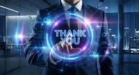 Professional businessman touching holographic thank you interface with glowing digital circles and futuristic technology elements in modern office environment.