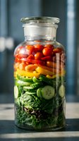 Colorful layered salad in glass jar with fresh vegetables, cherry tomatoes, peppers and greens for healthy meal prep and portable lunch option.