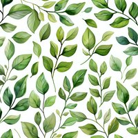 Watercolor green leaves pattern on white background, seamless botanical design for fabric, wallpaper, and digital scrapbooking projects.