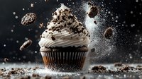 Chocolate cupcake with whipped cream frosting and cookie crumbs floating in dark space with powdered sugar creating magical food photography effect.