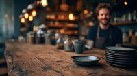 Rustic wooden table with ceramic bowls and plates in cozy restaurant kitchen. Smiling male chef working in background with warm ambient lighting for culinary concepts.
