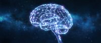 Glowing human brain with blue purple neural network connections on dark cosmic background, symbolizing artificial intelligence and neuroscience.