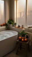 Luxurious spa bathroom with freestanding soaking tub, aromatic candles, potted plants, and natural light from large windows creating a serene wellness retreat atmosphere.