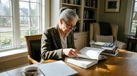 Senior Caucasian woman with gray hair and glasses reading and taking notes at a wooden table in a cozy home library with bookshelves.