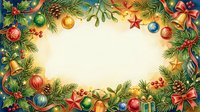 Festive holiday frame with evergreen branches, ornaments, stars, and gifts arranged on cream background, perfect for seasonal greeting cards, invitations, and holiday marketing materials.