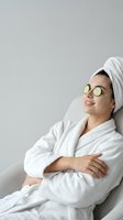Relaxed woman in white bathrobe with cucumber eye mask enjoying spa treatment at home. Self-care wellness routine for skincare and beauty relaxation.