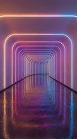 Futuristic neon tunnel with glowing purple and blue LED lights creating perspective corridor with wet reflective floor for modern technology concepts.