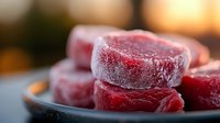 Frozen red fruit juice cubes stacked on dark plate with blurred warm background, close up macro shot showing frosty texture and vibrant color.