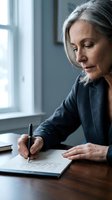Mature Caucasian woman with gray hair writing in notebook at wooden desk by window in contemplative indoor setting for journaling and personal reflection.