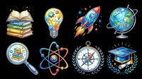 Isolated educational icons set with books, lightbulb, rocket, globe, magnifying glass, atom, compass and graduation cap on transparent background. Ready for clipart, t-shirt design, stickers and print-on-demand projects.