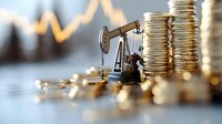 Oil pump jack model surrounded by stacks of golden coins against blurred stock market chart background, representing petroleum industry profits and investments.