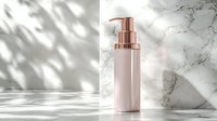 Pink cosmetic pump bottle on marble background with natural shadow overlay, luxury skincare packaging mockup for beauty product presentation.