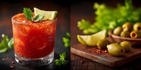 Bloody Mary cocktail with celery garnish and lime wedge served in glass with salt rim alongside fresh ingredients and olives on wooden cutting board.