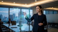 Businesswoman in dark blazer presenting financial growth chart on digital display in modern office with city skyline view, suitable for corporate presentations and business concepts.